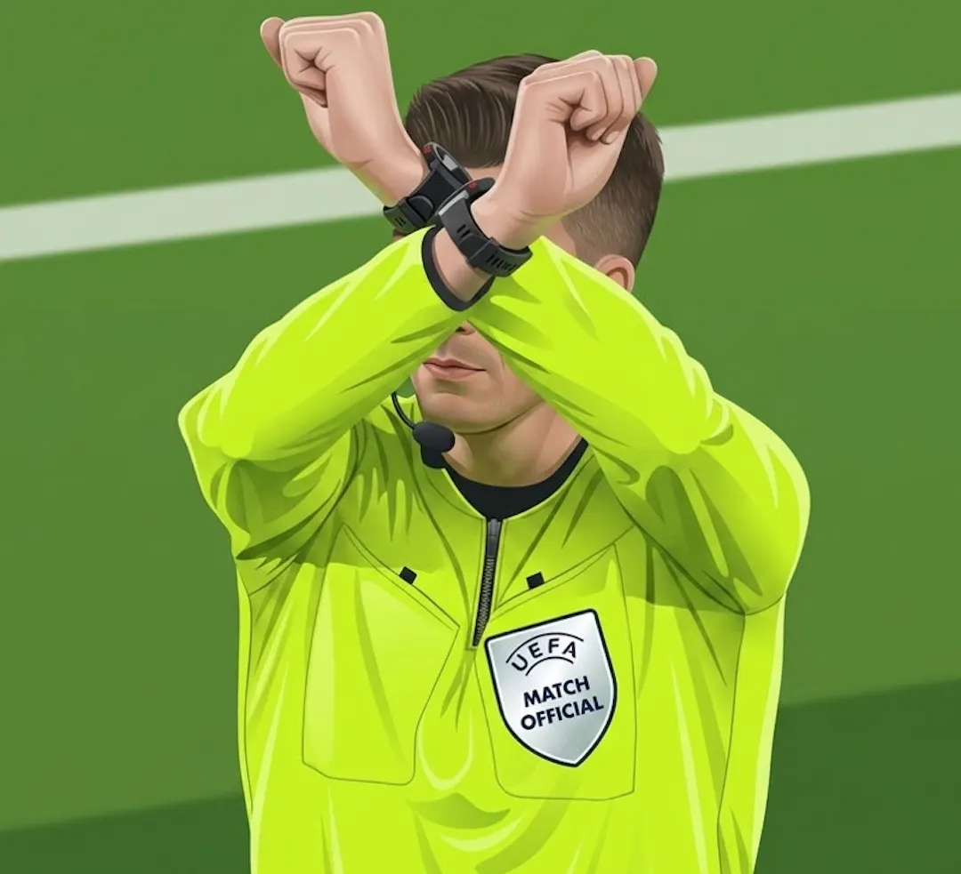 Referee Clement Turpin, wearing a bright yellow UEFA uniform, crosses his wrists above his head to make the official IFAB anti-racism signal during Benfica vs Real Madrid UCL match in February, 2026.