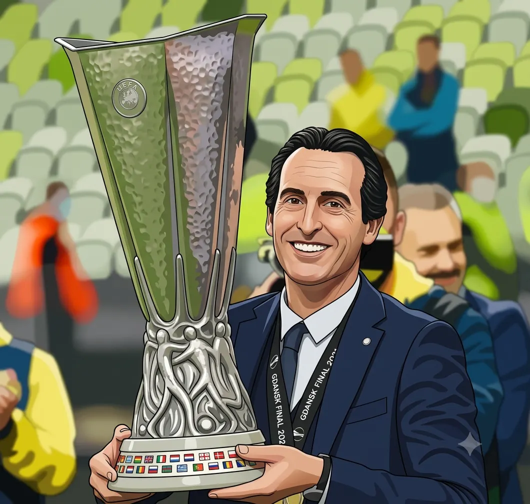 Football manager Unai Emery smiles while holding the UEFA Europa League trophy.