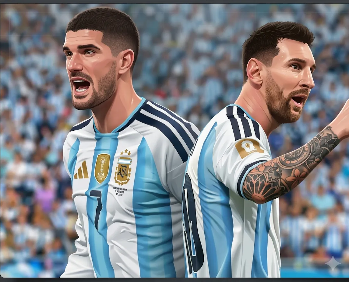 Rodrigo De Paul shouting and Lionel Messi raising his fist in celebration, both wearing the blue and white Argentina national team kits.