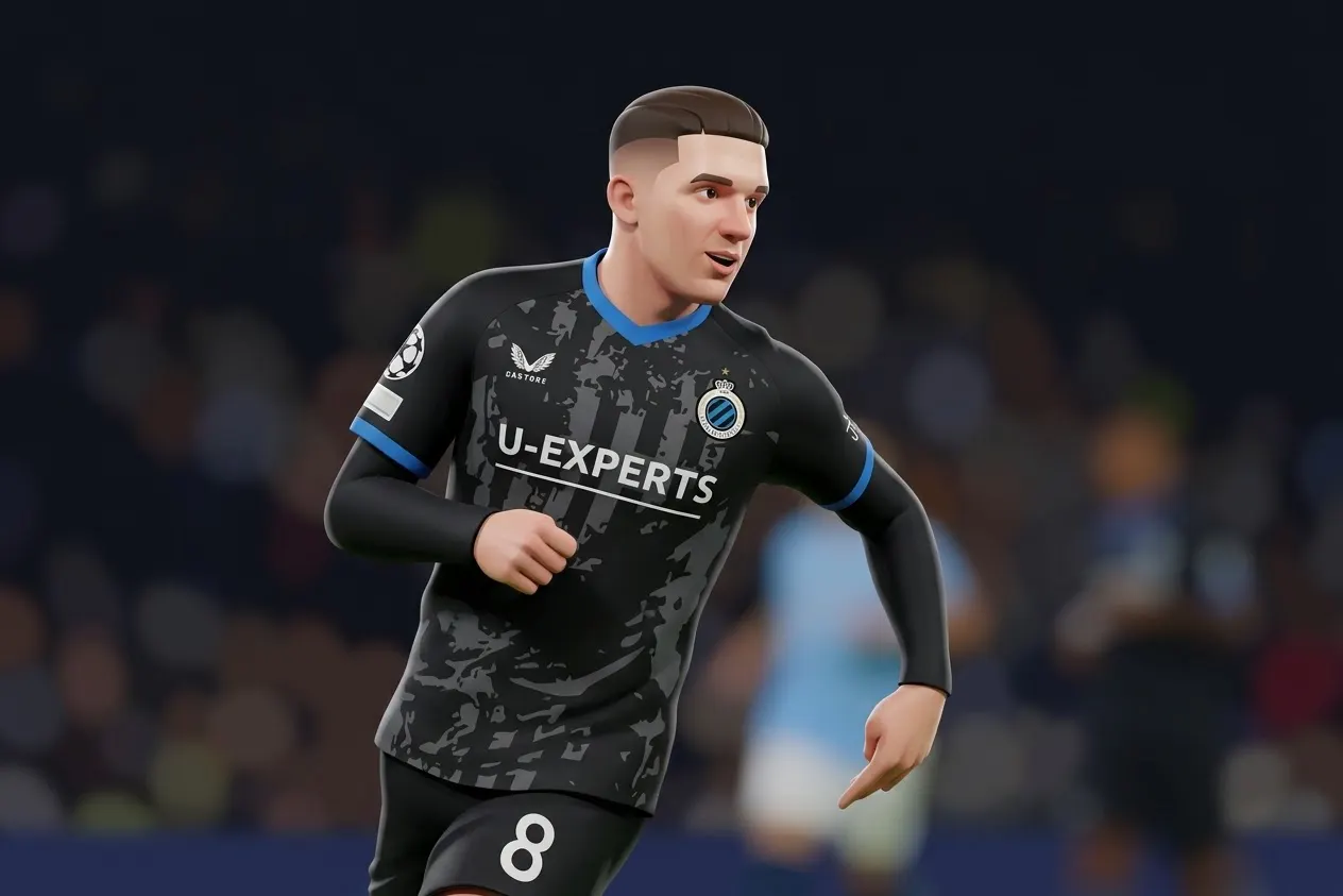 Club Brugge player Christos Tzolis celebrating on the pitch in a black and blue jersey.