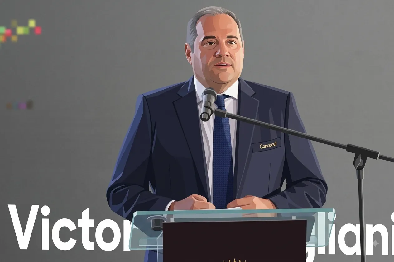 Concacaf President Victor Montagliani speaking at a podium during an event.