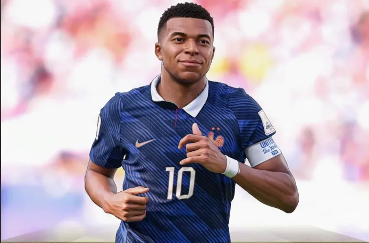 Kylian Mbappé on the pitch wearing France's blue number 10 jersey with a white collar, looking forward with a focused expression during a match.