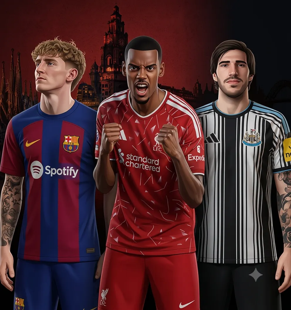 On the left, Anthony Gordon is depicted from the chest up, looking off-camera while wearing a blue and red Barcelona jersey. In the center, Alexander Isak is shown mid-shout with clenched fists, wearing a red Liverpool FC jersey. On the right, Sandro Tonali stands looking forward, wearing a black-and-white striped Newcastle United jersey.