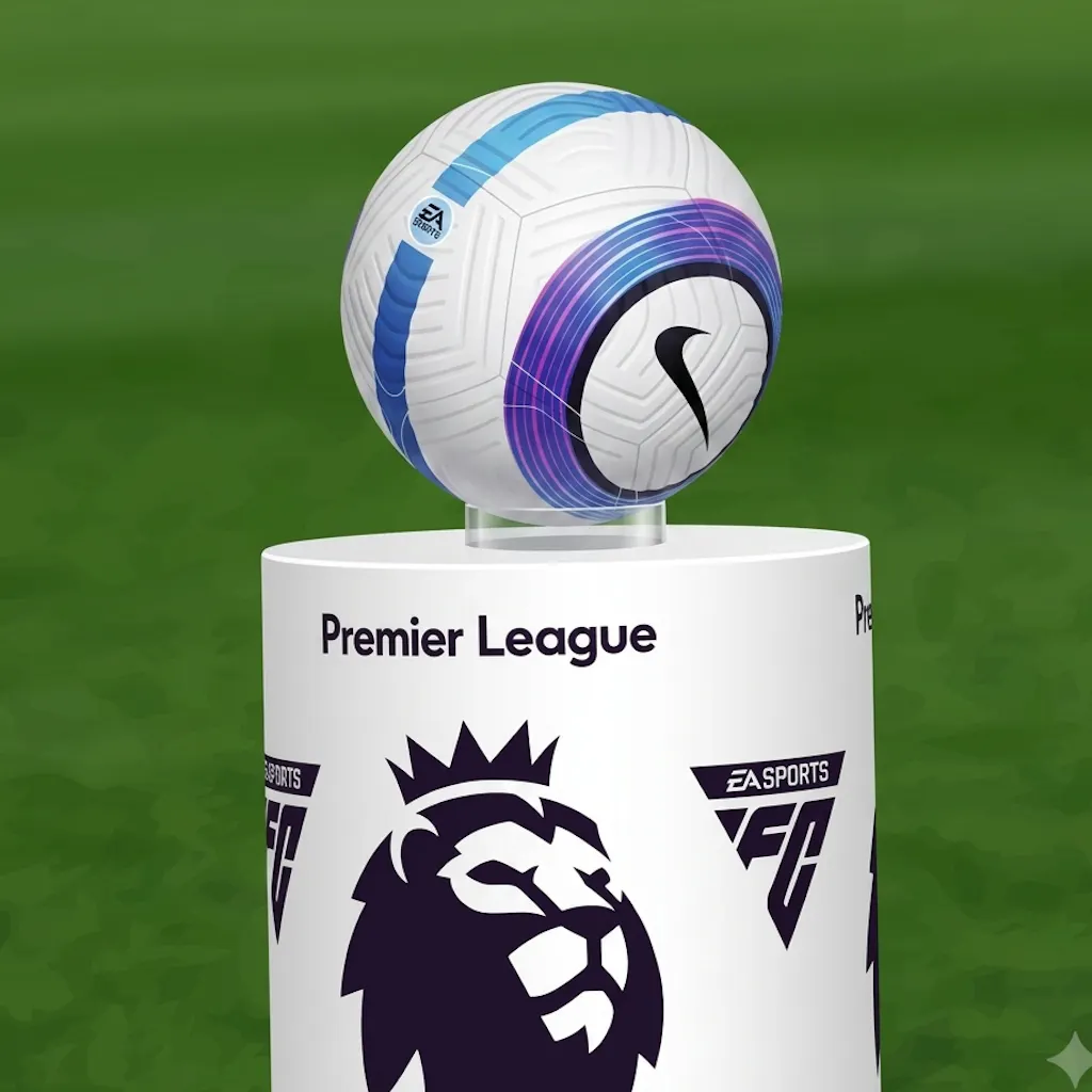 A white Nike soccer ball with blue, purple, and black details sits atop a cylindrical white pedestal against a blurred green grass background. The pedestal features the words “Premier League” alongside the crowned lion logo and the EA Sports FC logo.