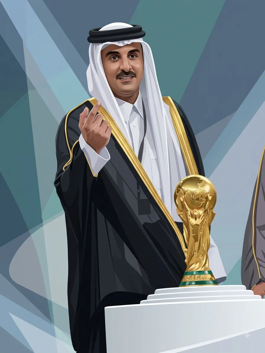 Sheikh Tamim bin Hamad Al Thani, gesturing near the FIFA World Cup Trophy on a stage.