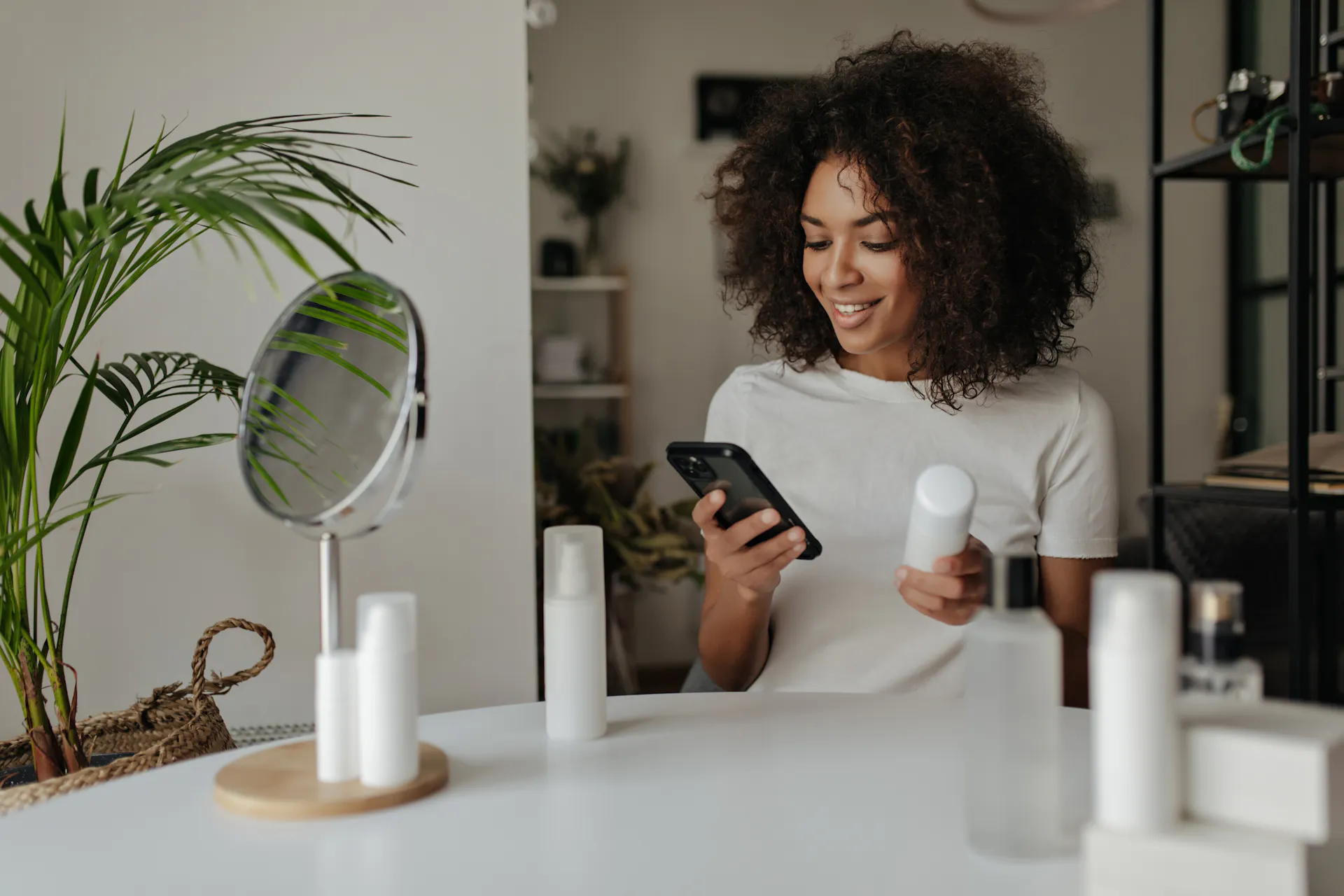 Woman looking up a skincare product on her phone
