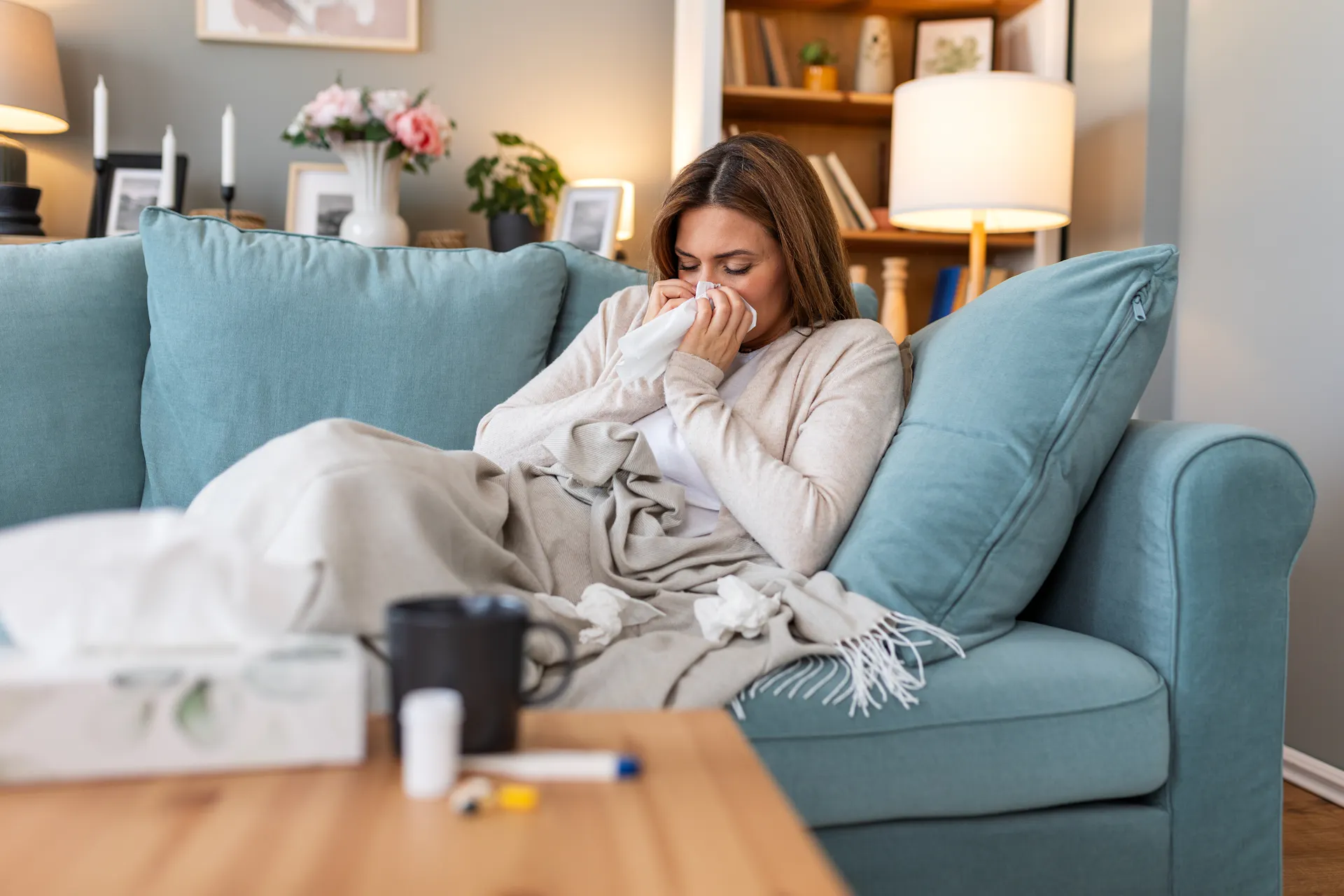 Woman sick on couch