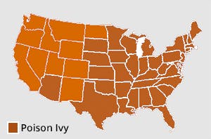 Map of where poison ivy grows