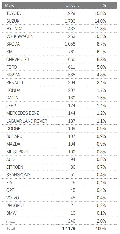 Car types and makers in the Icelandic rental car fleet.