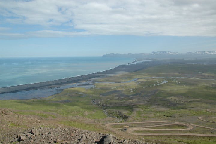Sweeping view of remote dirt roads in Iceland.
