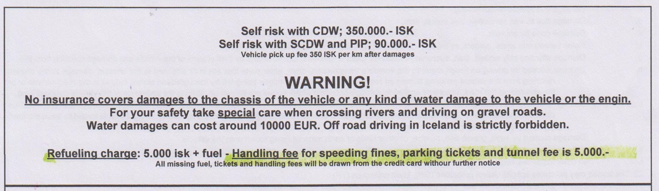 Handling fees according to car rental agreement