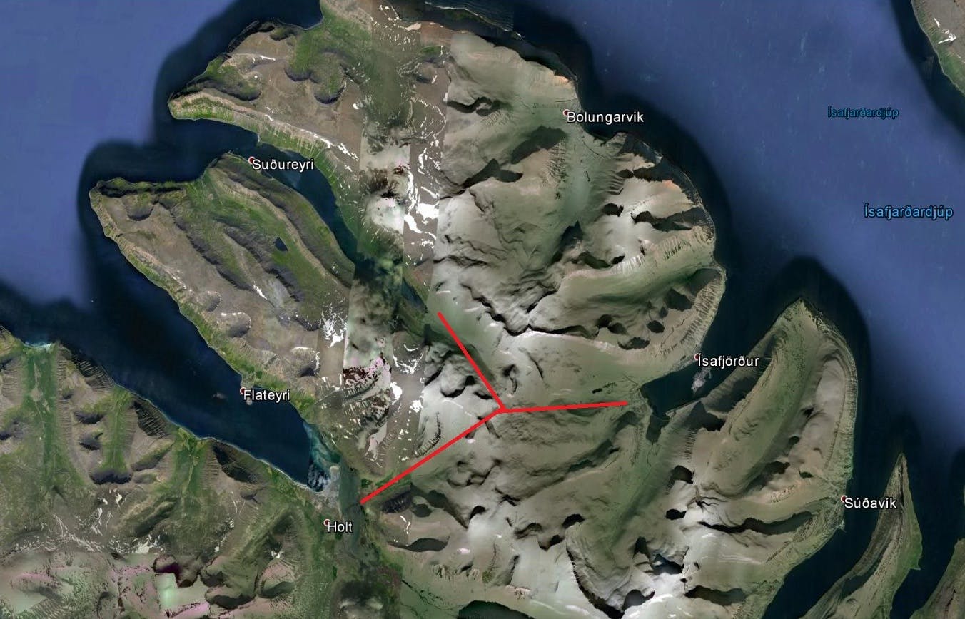 Map of the Breiðadals and Botnsheiði tunnels in Iceland