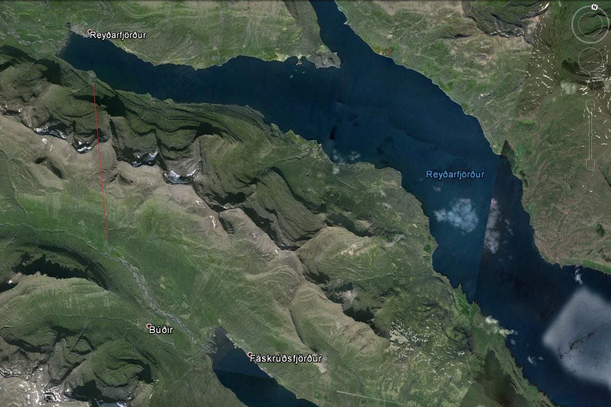 Map of the Fáskrúðsfjarðargöng tunnel in Iceland