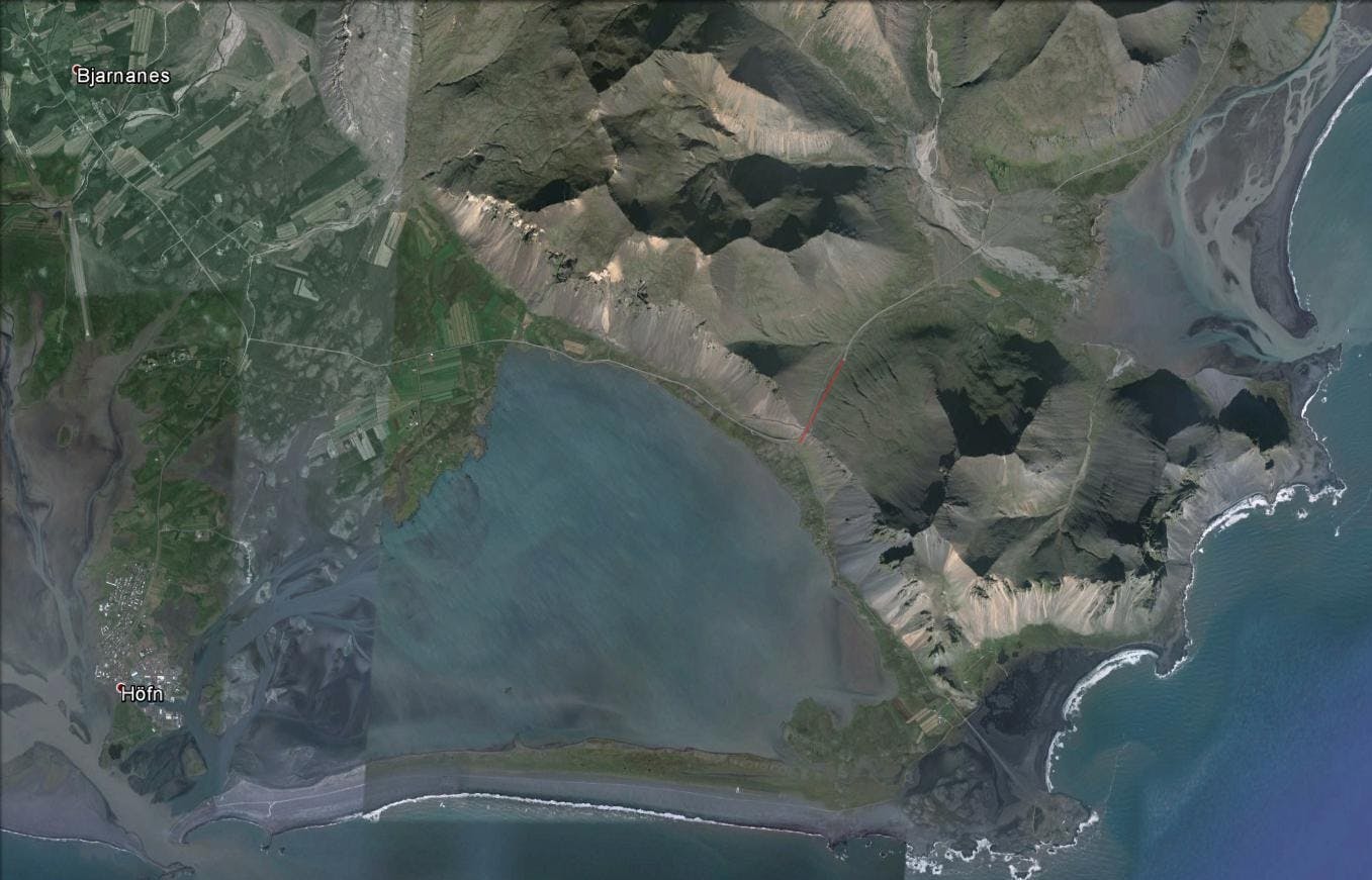 Map of the Almannaskarðsgöng tunnel in Iceland