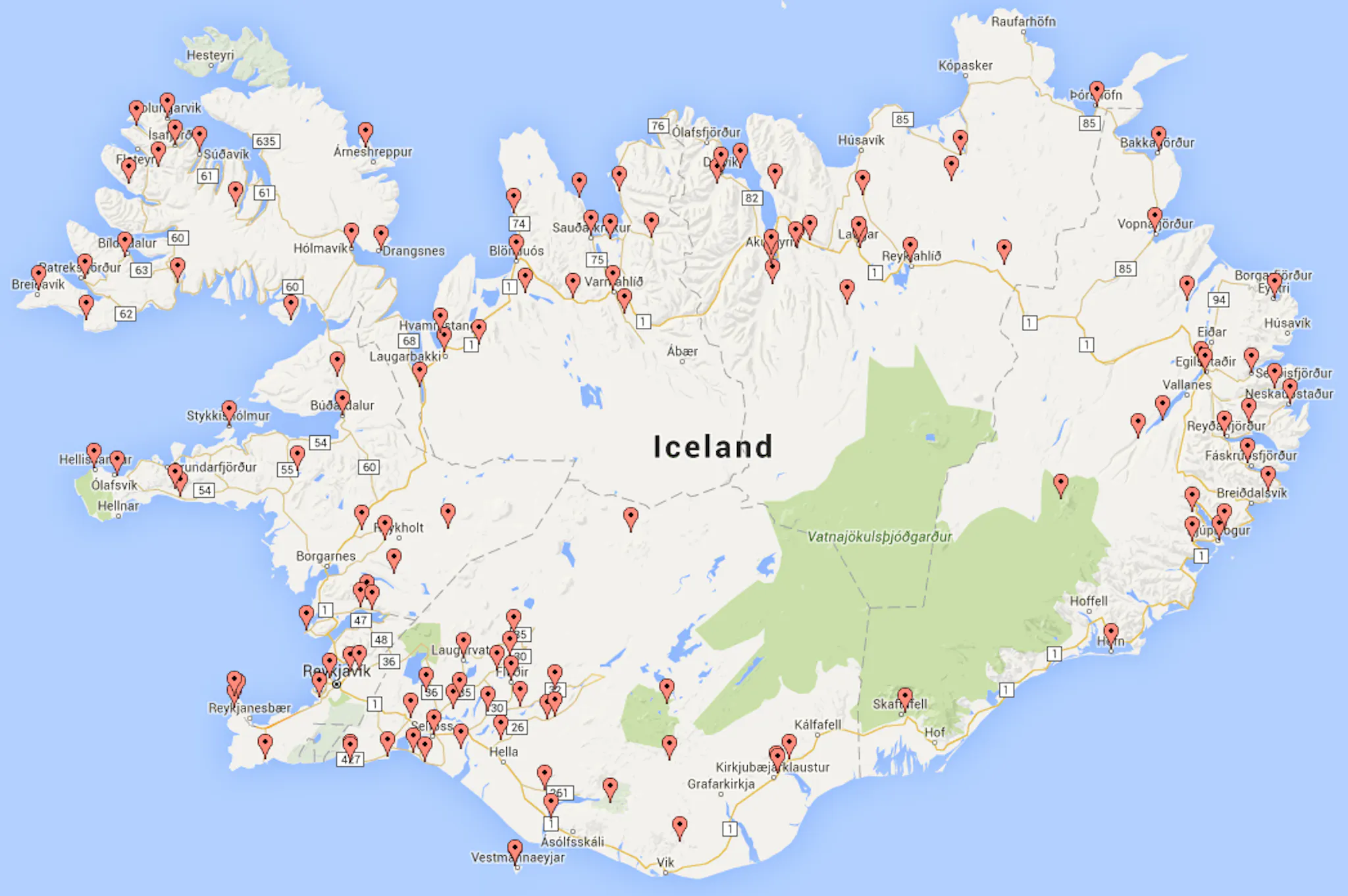 A map of all the Camping sites in Iceland