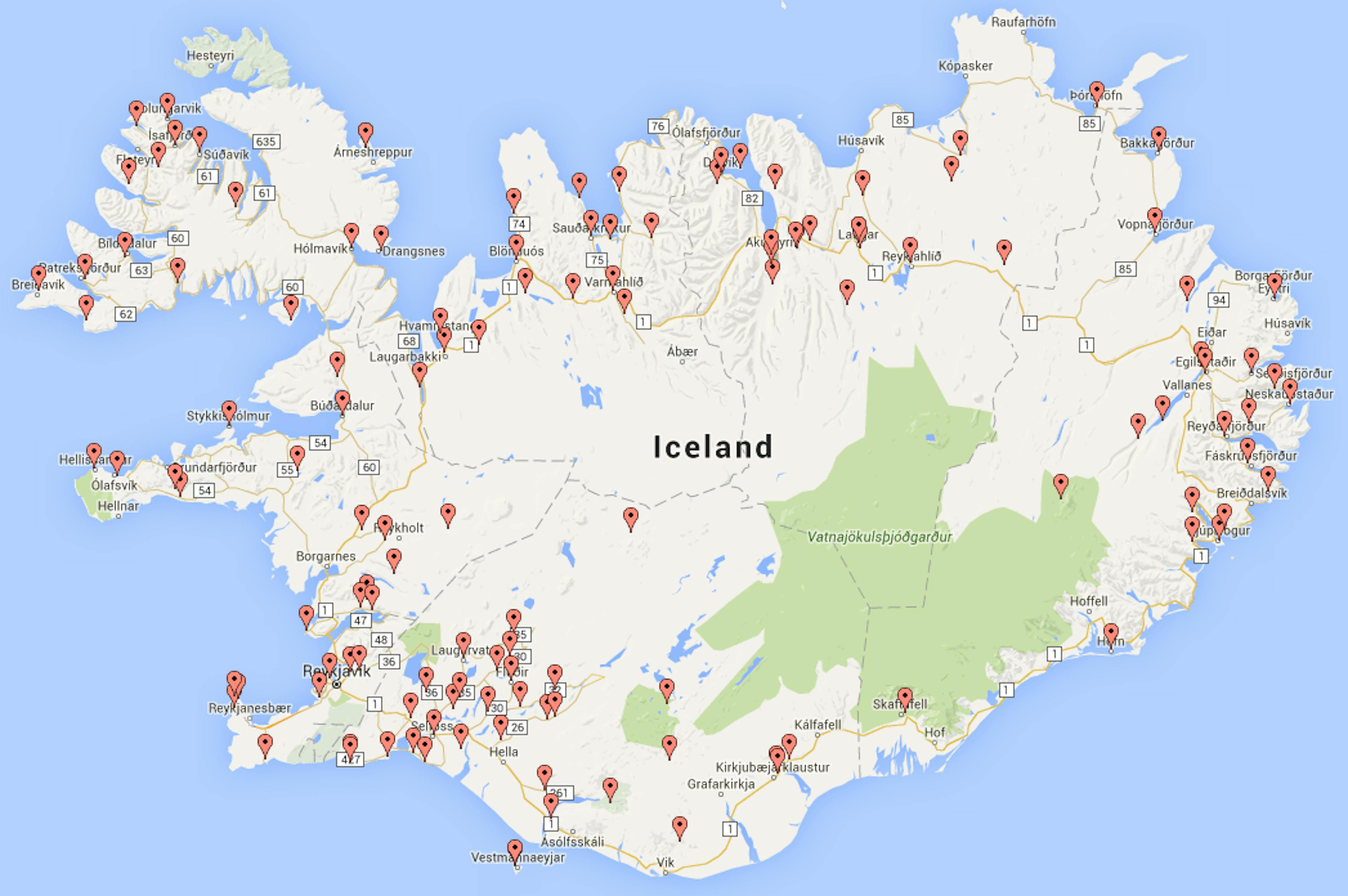 A map of all the Camping sites in Iceland