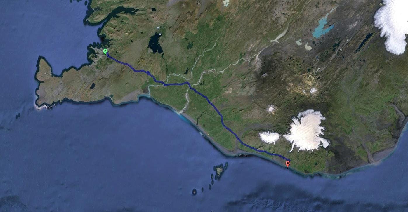 The route to the crashed plane at Sólheimarsandur in Iceland