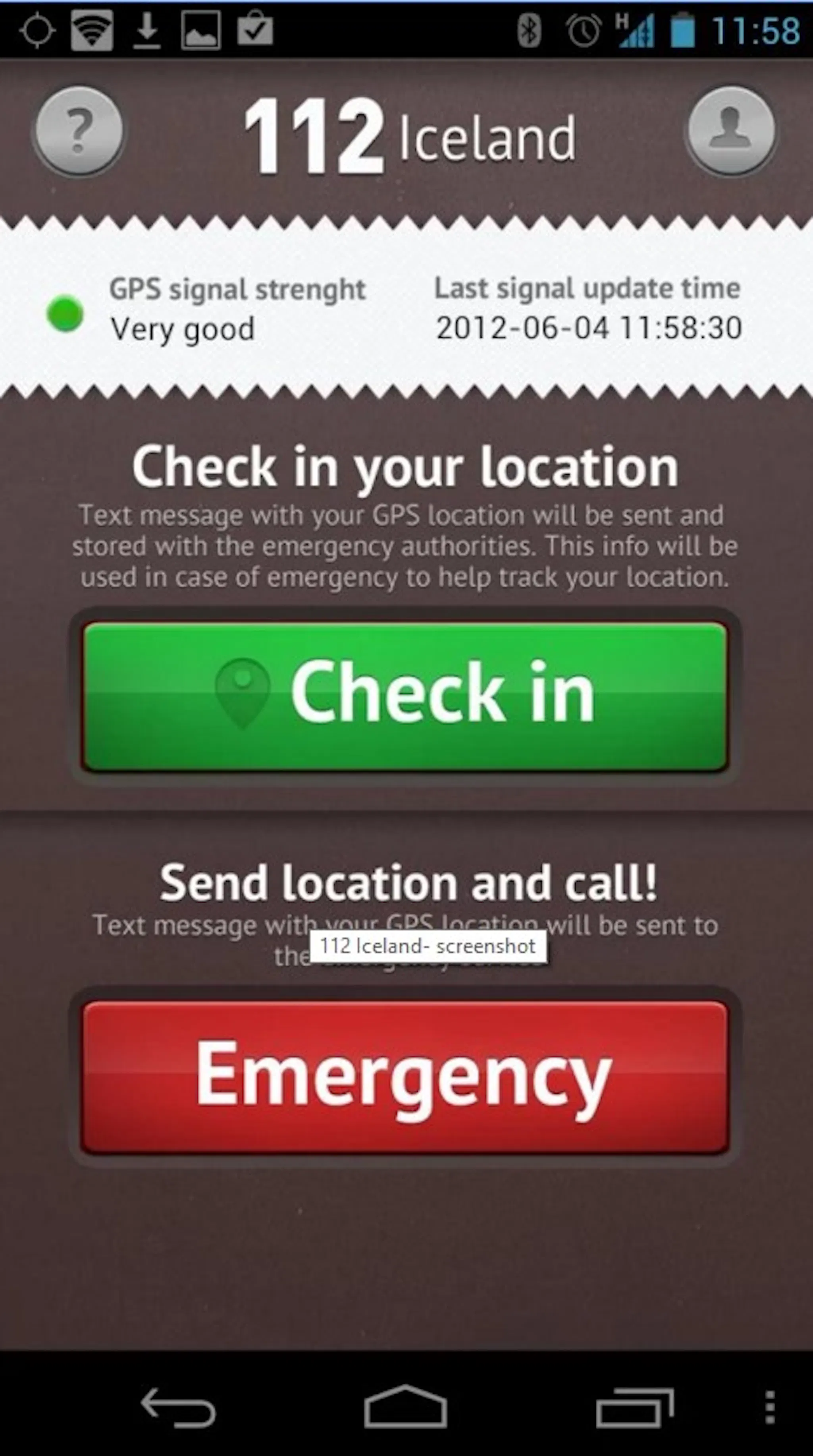 Screenshot from Safe Travel app showing the Check-In and Emergency buttons.