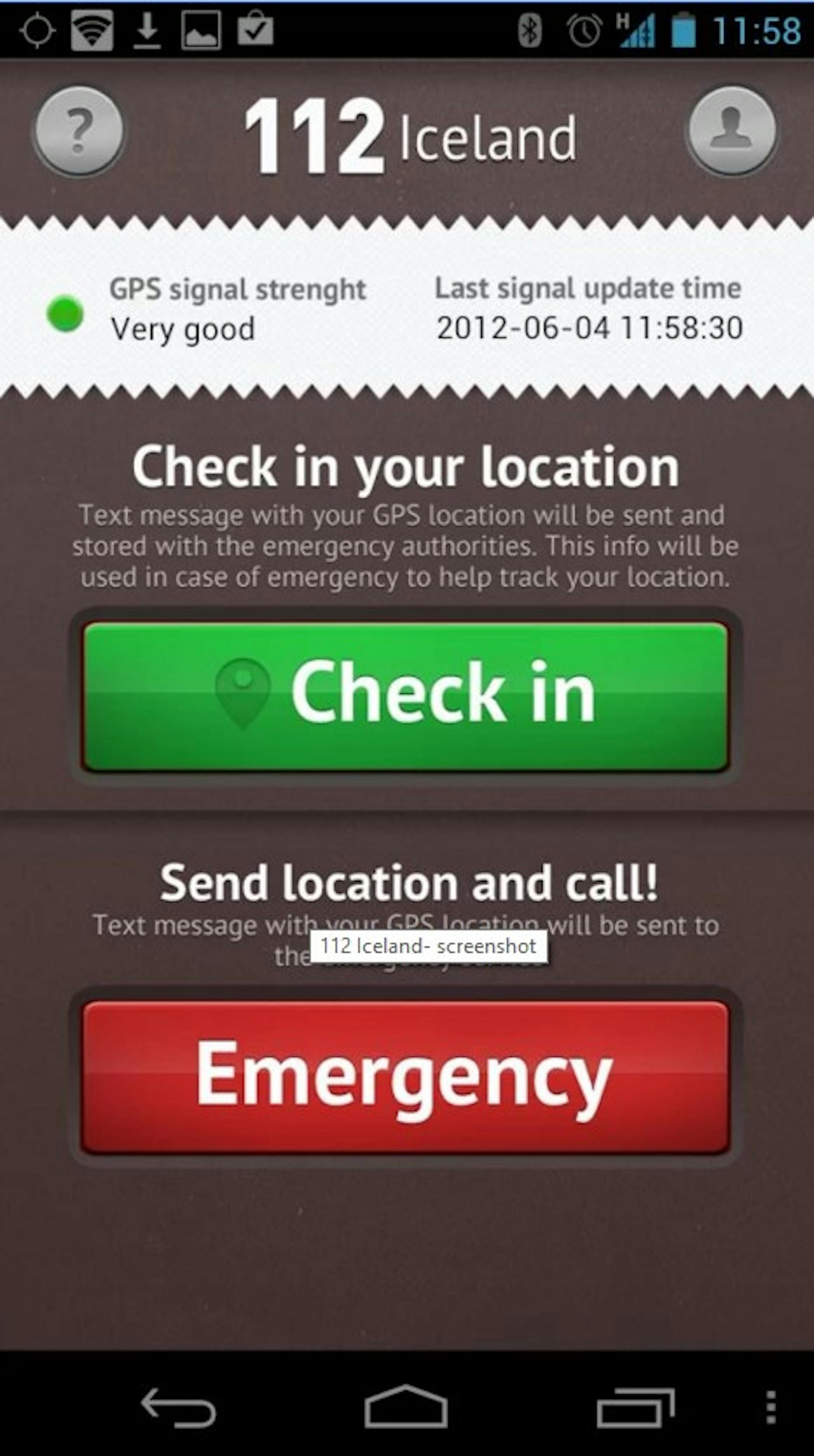  Screenshot from Safe Travel app showing the Check-In and Emergency buttons.