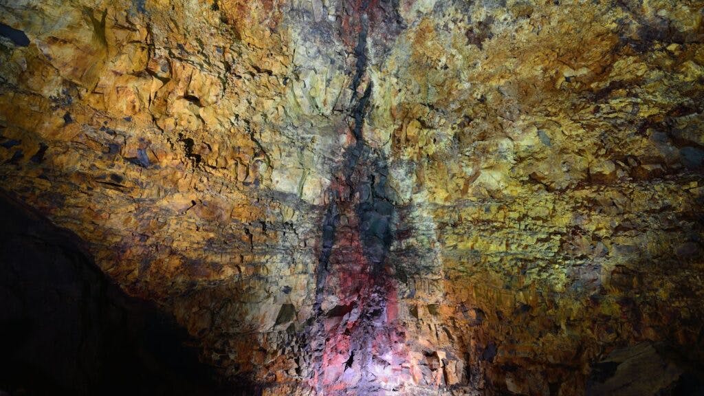 Inside the Þríhnúkagígur volcano in Iceland.