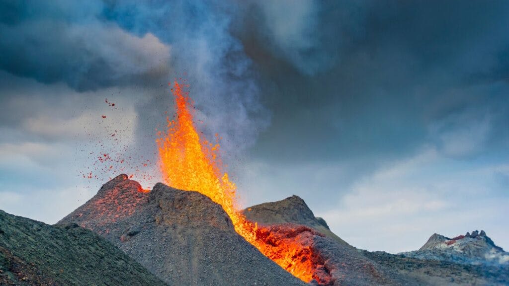 Volcanic eruption at Fagradalsfjall on the Reykjanes Peninsula in Iceland.