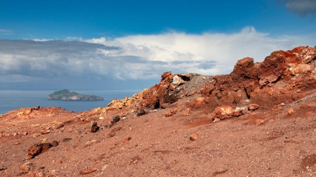 Landscape of the Eldfell volcanic crater in Iceland.