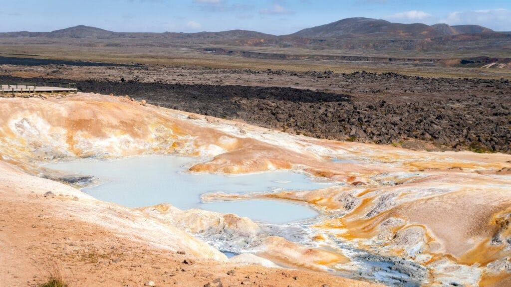 Bubbling mud pools and sulfur on the Krafla volcano in Iceland.