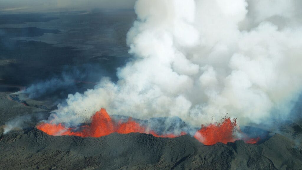 Aerial view of the 2015 Bárðarbunga volcano eruption in Iceland.
