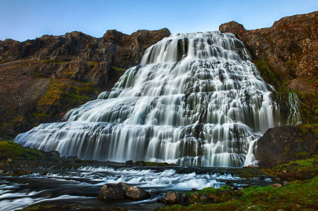 Dynjandi waterfall on the Westfjords Way road trip route in Iceland.
