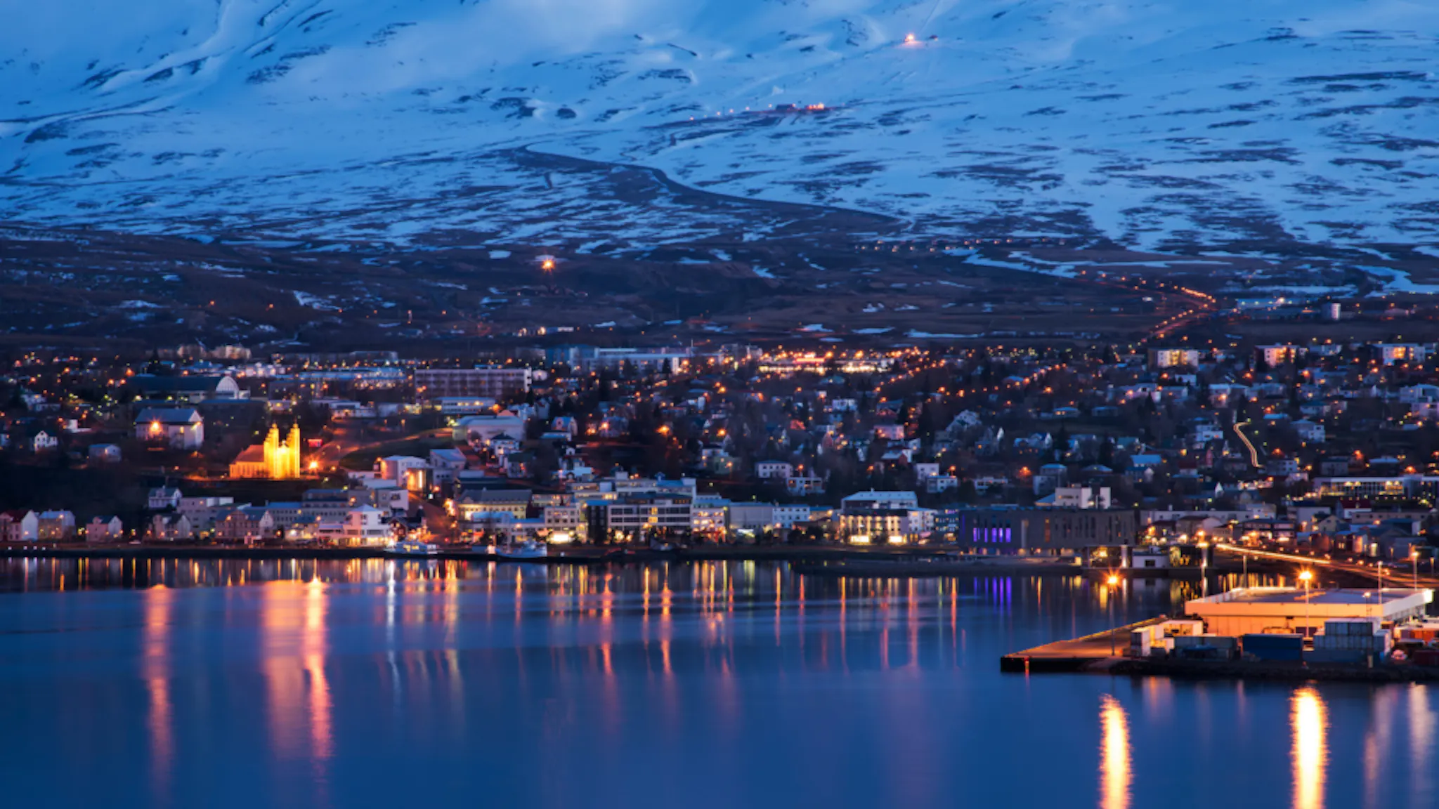 View of Akureyri at night.