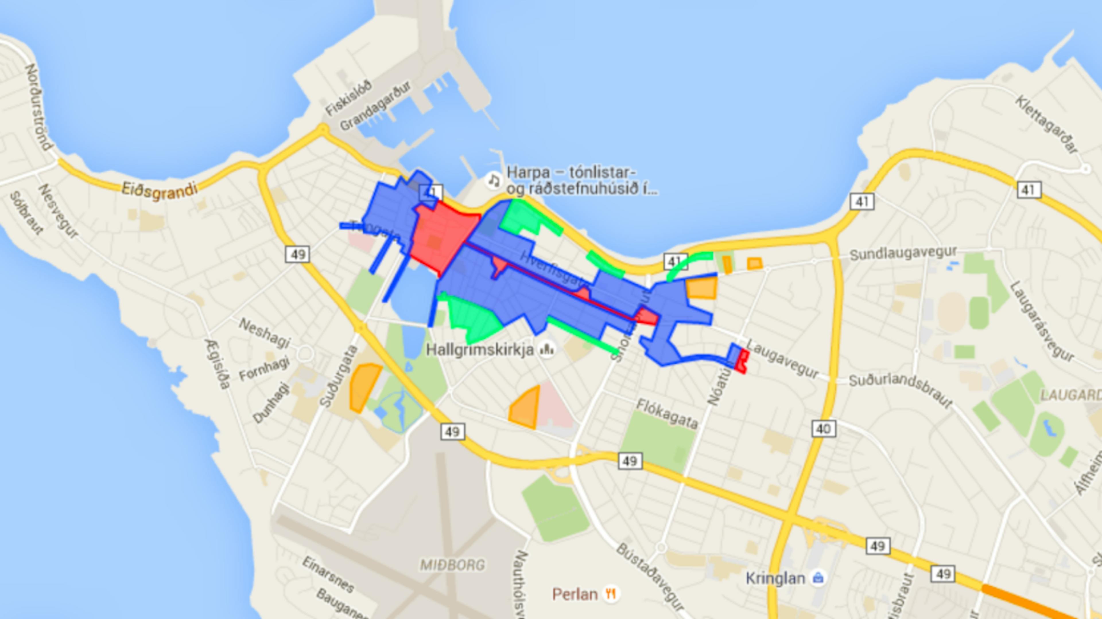 Map of on-street parking zones in Reykjavík