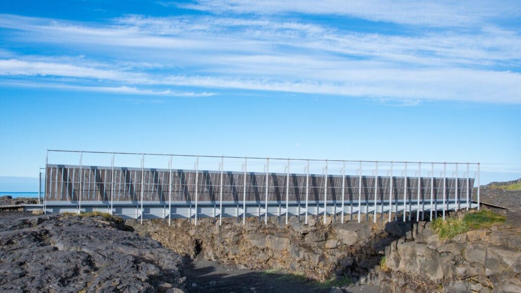 The metal bridge between continents on the Reykjanes Peninsula in Iceland