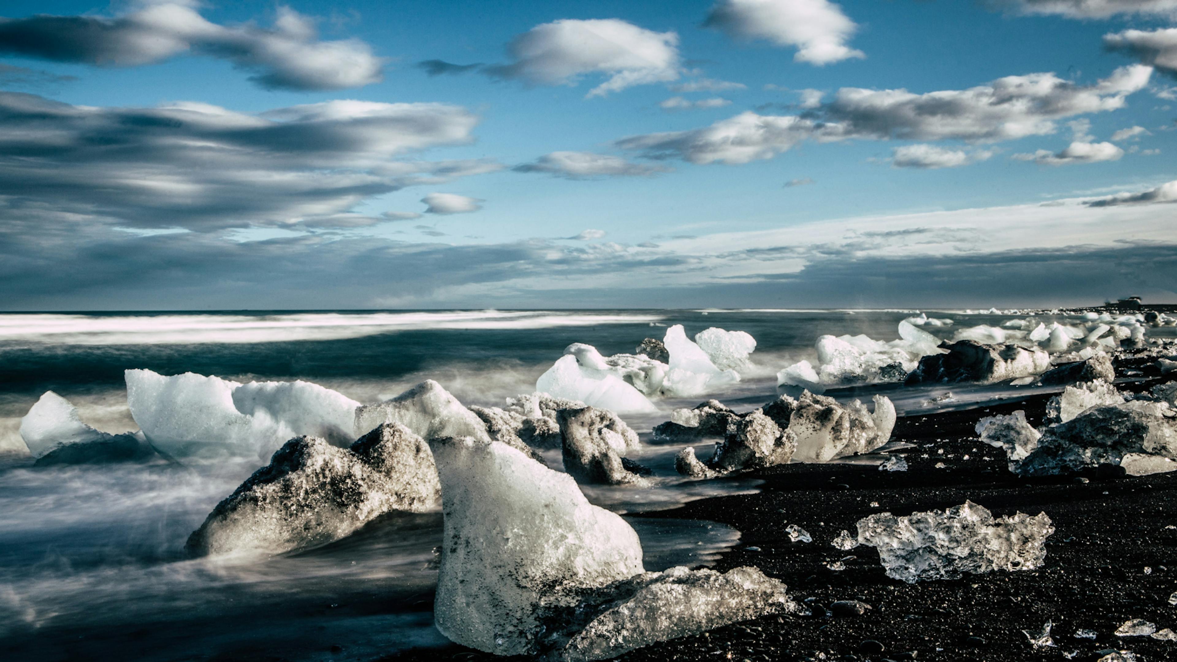 Diamond Beach, Iceland on a sunny day.