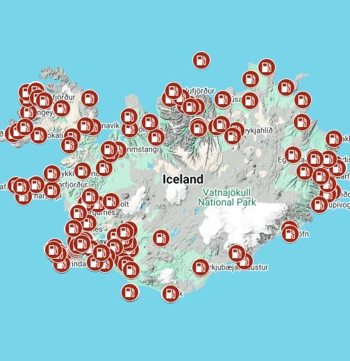 Map of gas stations around Iceland