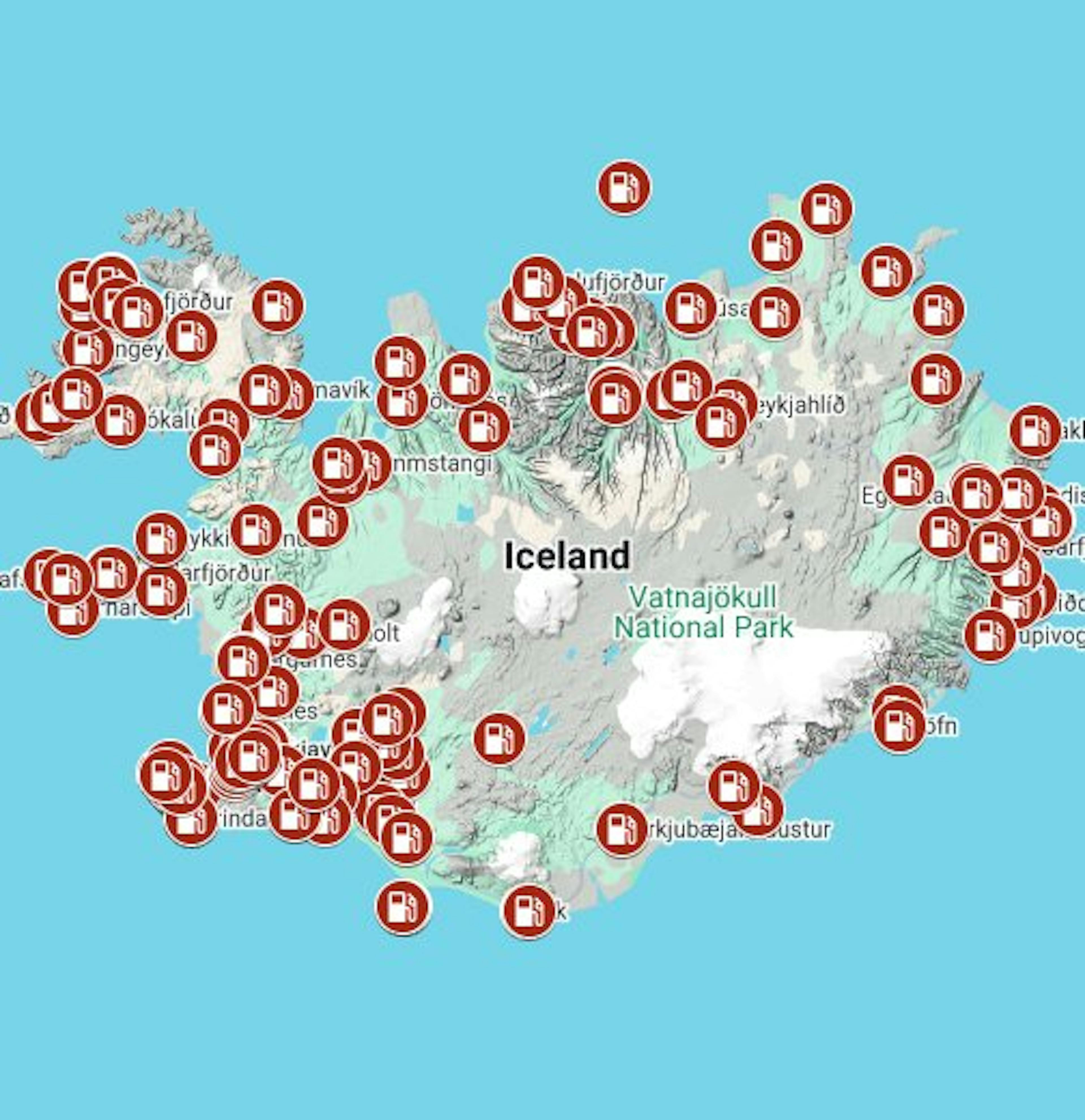 Map of gas stations around Iceland