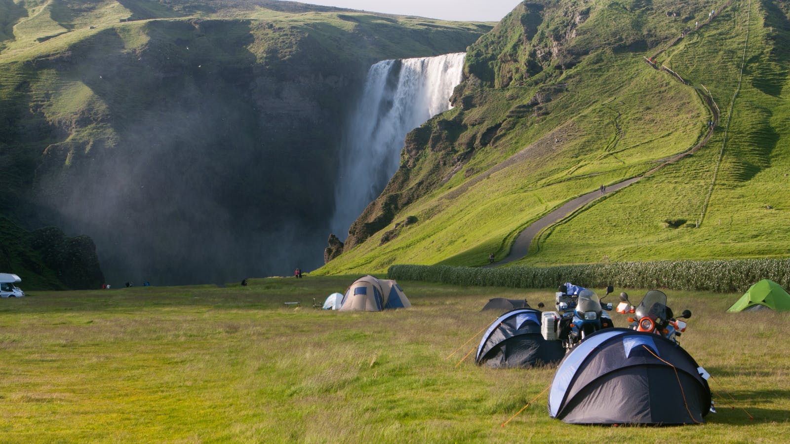 Tents at Skogafoss campsite, Iceland.