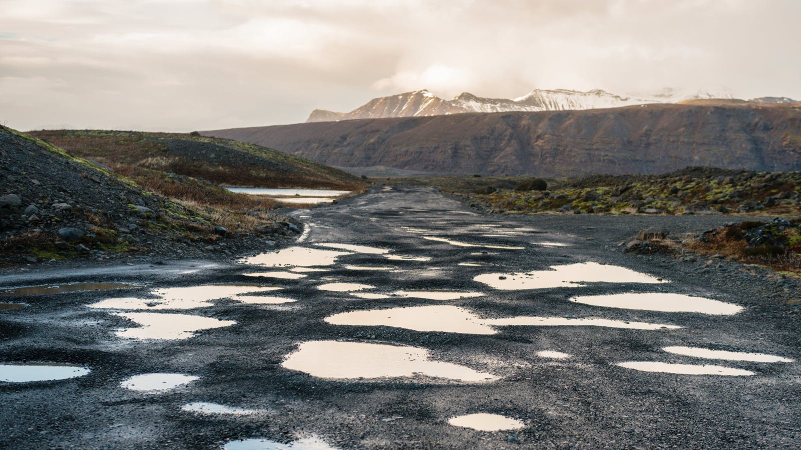 Pot holes on a 4x4 gravel road in Iceland.