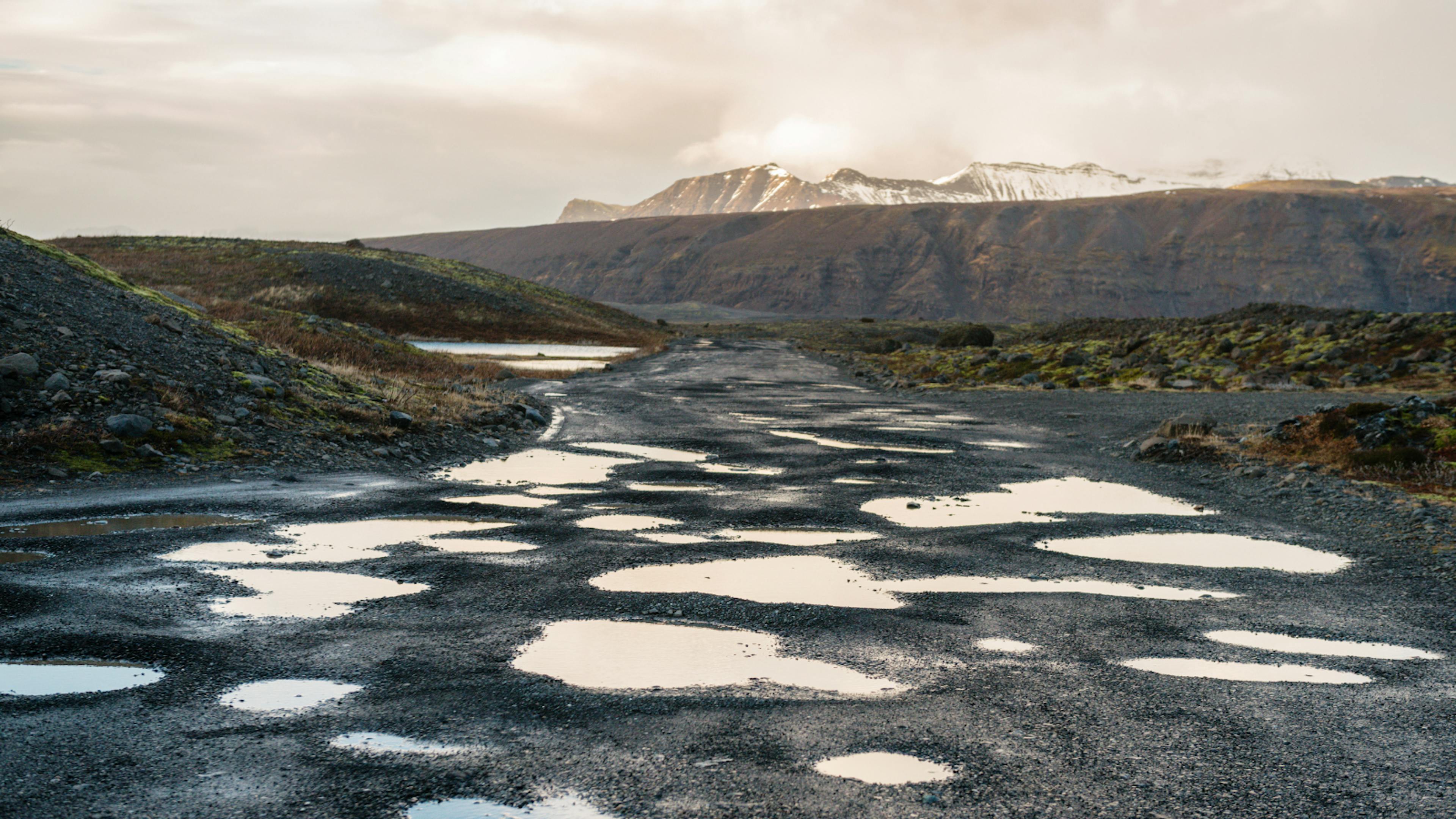 Pot holes on a 4x4 gravel road in Iceland.