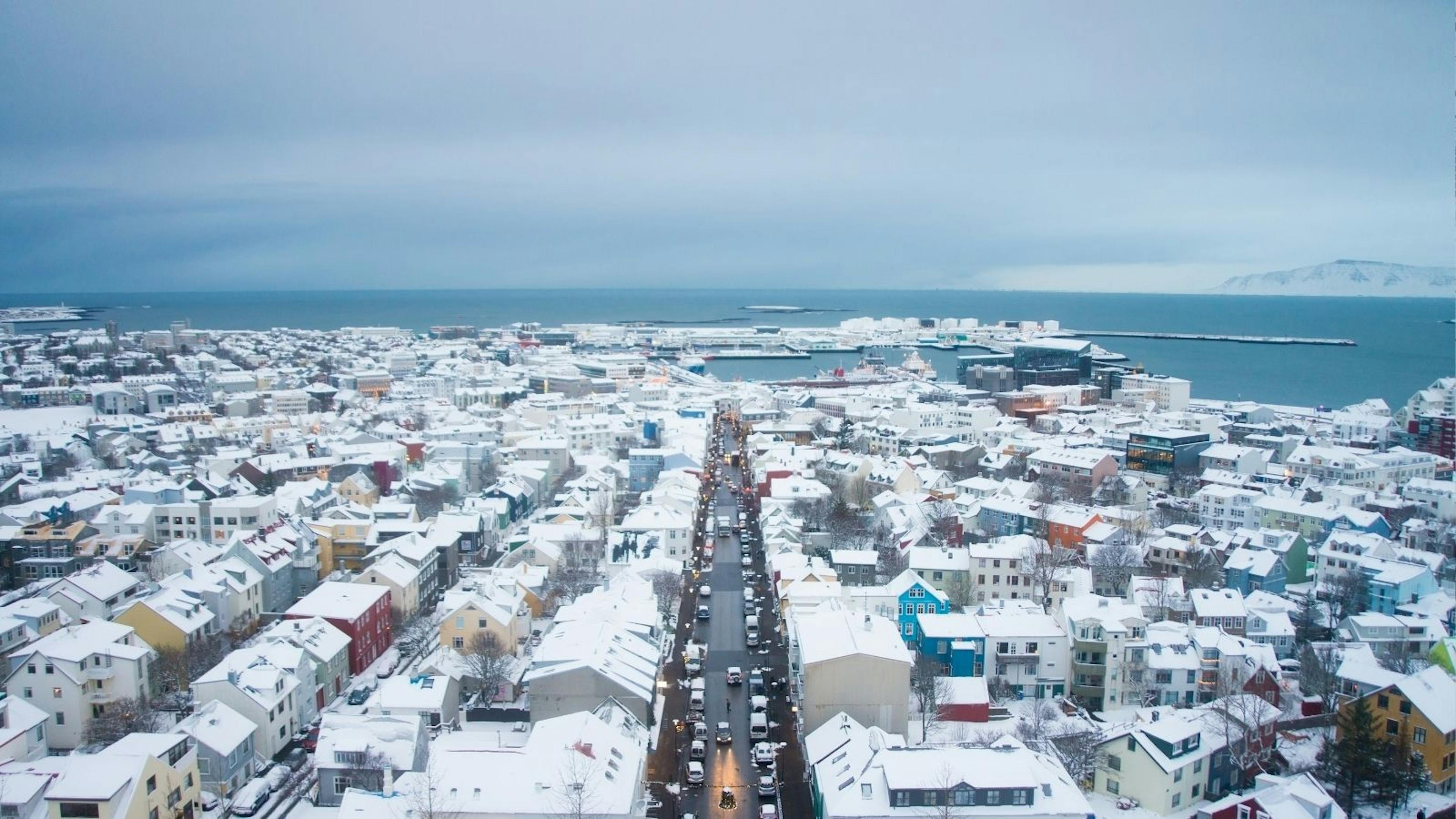 Aerial view of Reykjavík in the snow.
