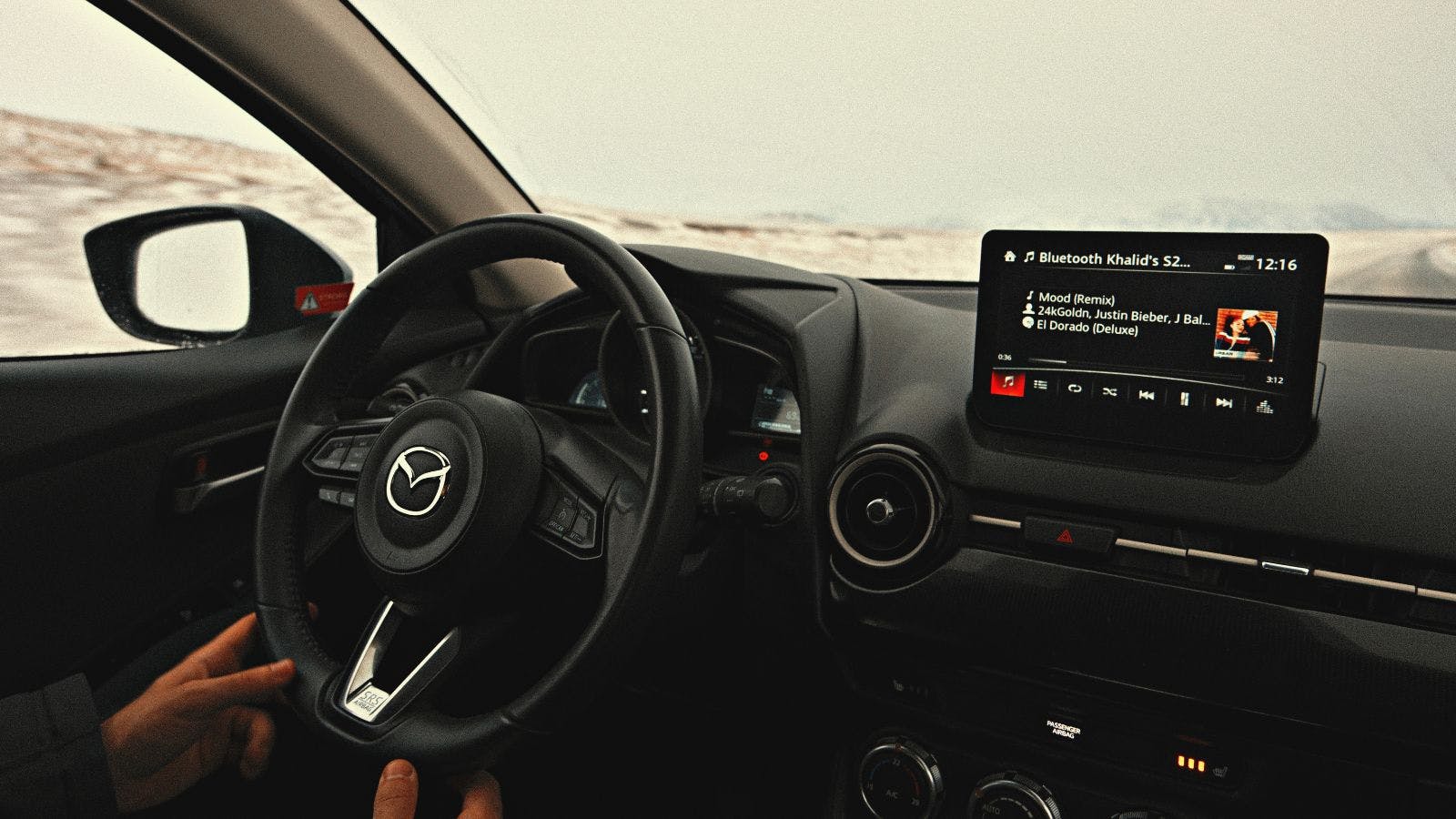 Interior of a Mazda car in Iceland.