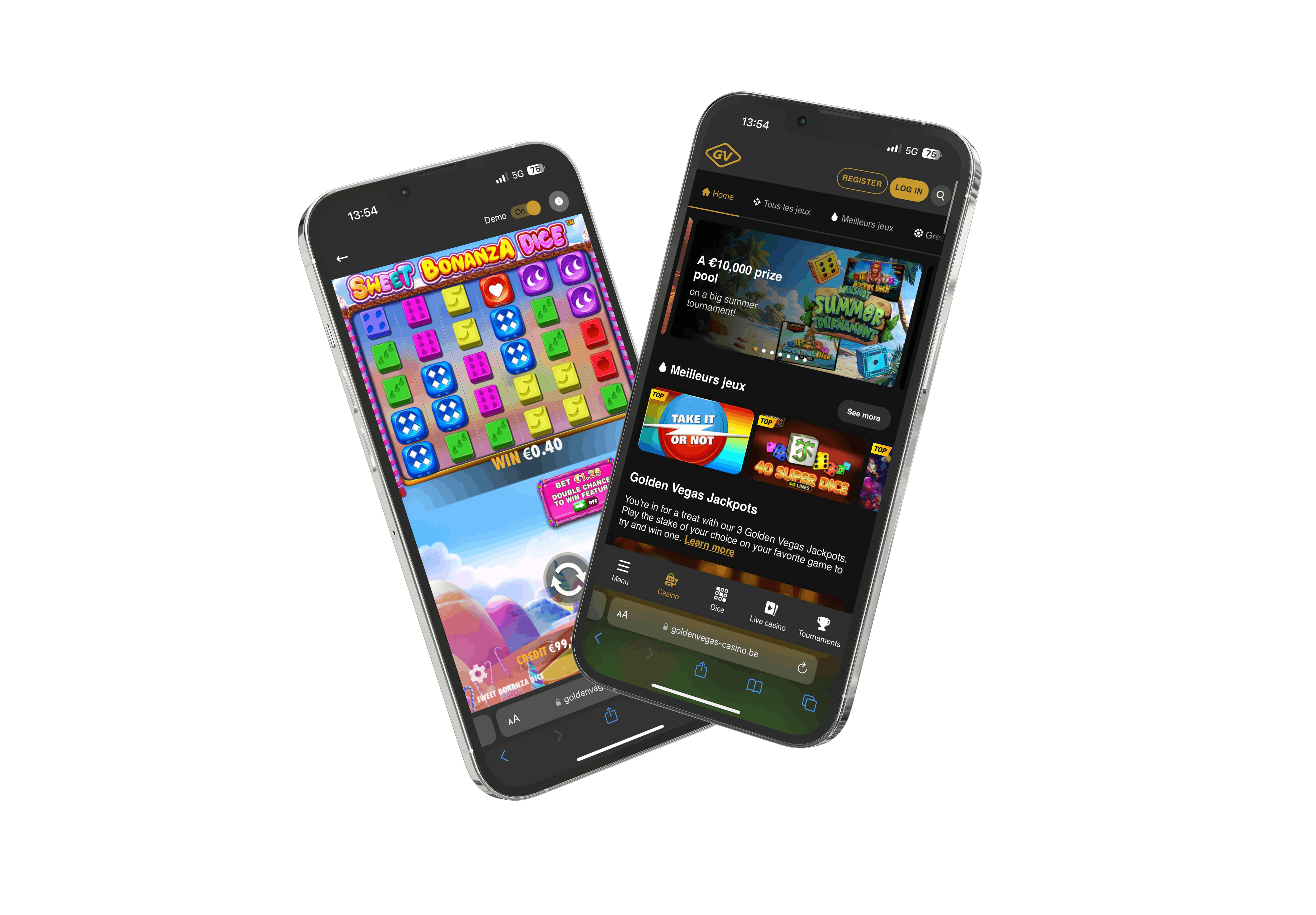Smartphones met twee screenshots: één van de Golden Vegas Casino-site en één van het spel Sweet Bonanza Dice van Pragmatic Play