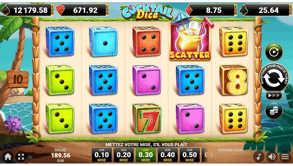 Capture d’écran du jeu Cocktail Dice d’Amusnet, une dice slot colorée avec symboles fruités et multiplicateurs.