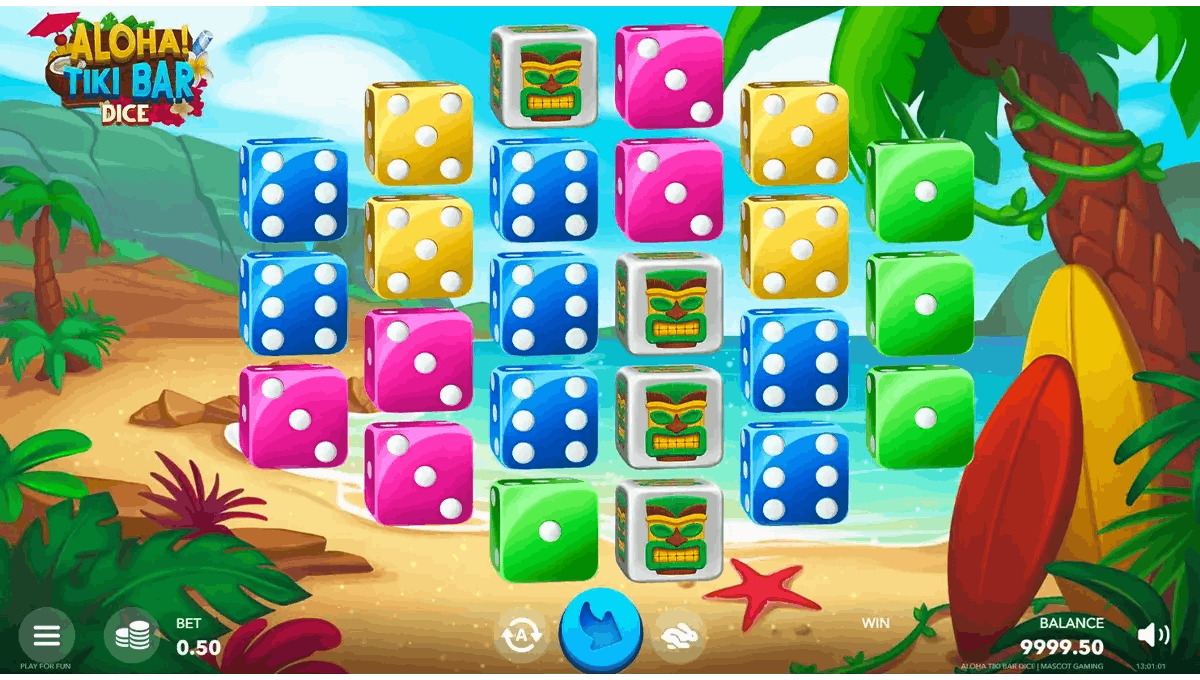 Capture d’écran du jeu Aloha Tiki Dice de Mascot Gaming, une dice slot exotique avec symboles tiki et ambiance tropicale