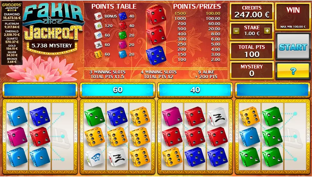Gameplay van Fakir Gridders Jackpot Dice met interactieve grids, uitgelijnde symbolen en het spijkerbed van de fakir.