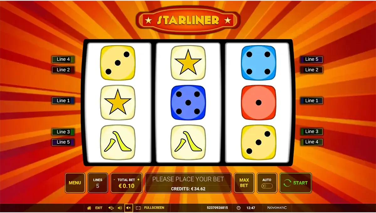 Gameplay van de Starliner slot van Greentube met rollen, raketten en sterren in een Belgisch sciencefiction-universum.