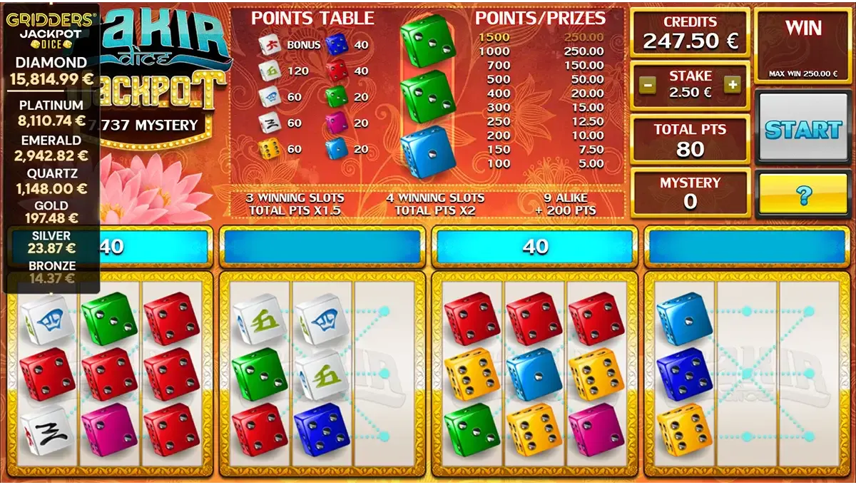 Play now on Fakir Gridders Jackpot Dice by Gaming1 at Golden Vegas Casino.