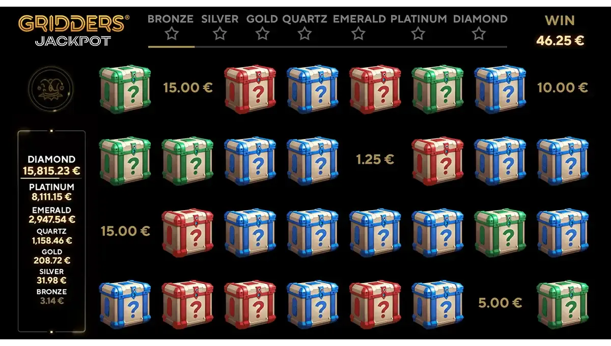Interface of the Gridders Jackpot game, featuring an interactive grid with symbols, win indicators, and visual elements typical of Gaming1 titles.