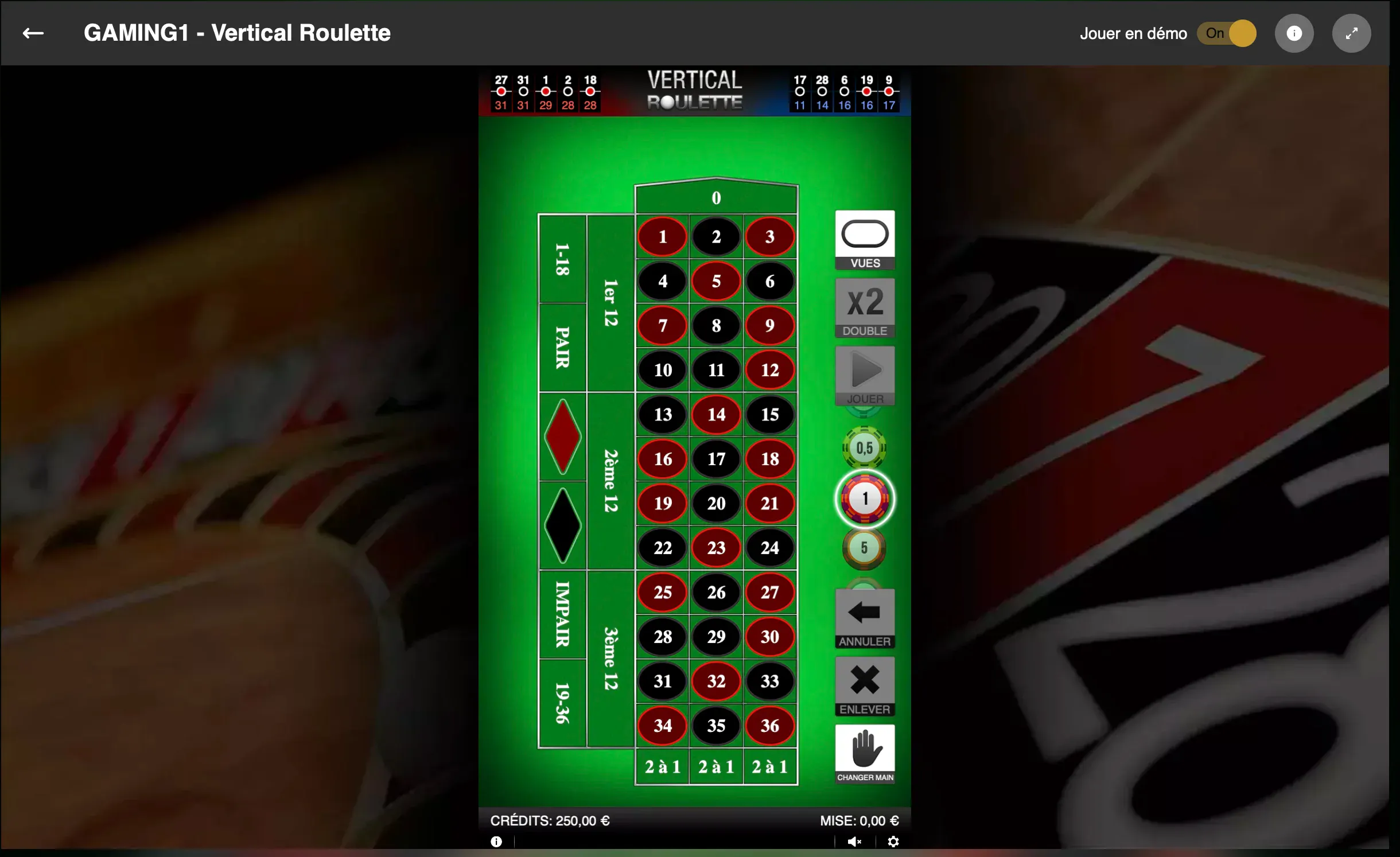 Test the Martingale strategy on GoldenVegas Casino with Vertical Roulette by Gaming1