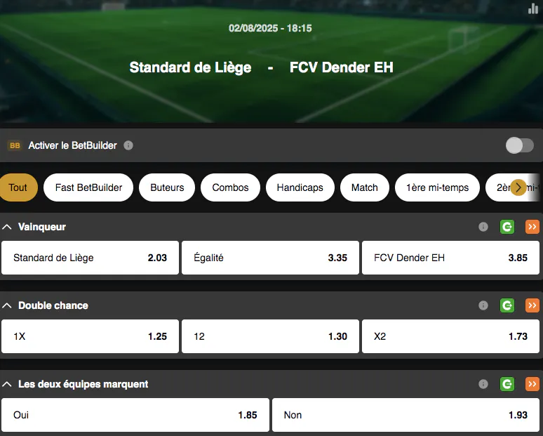 Jupiler Pro League, deuxième journée | Standard - Dender | Golden Vegas Sport