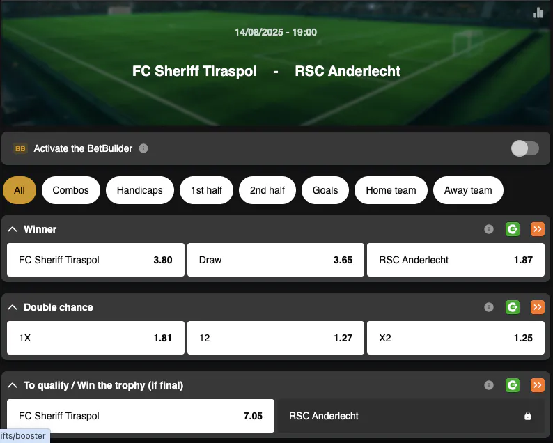 Conference League Qualifying Round | Tiraspol - Anderlecht | Golden Vegas Sport